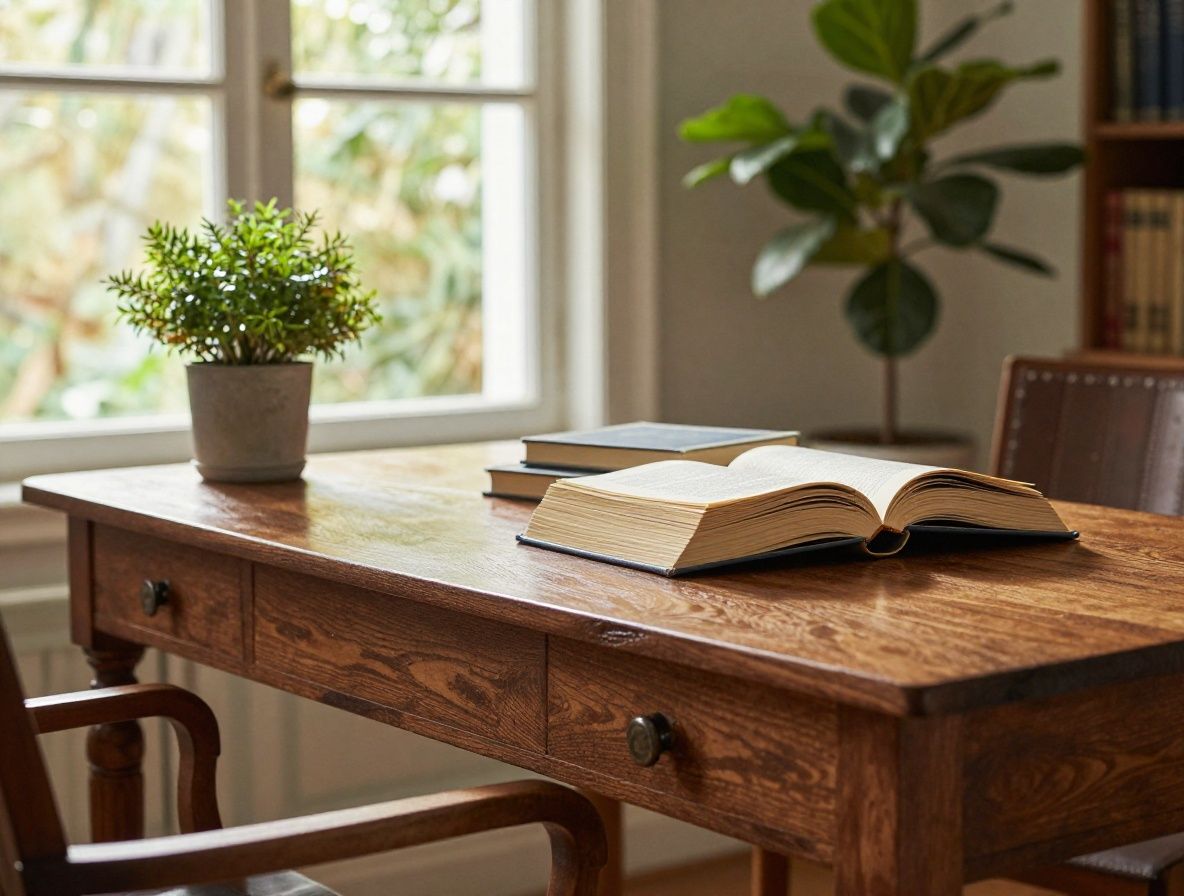 Sala de estudio serena con mesa de madera antigua, pila de libros abiertos, planta verde y luz cálida entrando por ventana grande