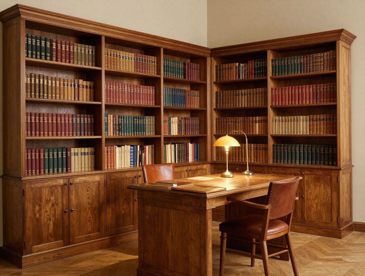 Biblioteca antigua con estantes de madera llenos de libros encuadernados en cuero bajo luz cálida de lámpara de escritorio