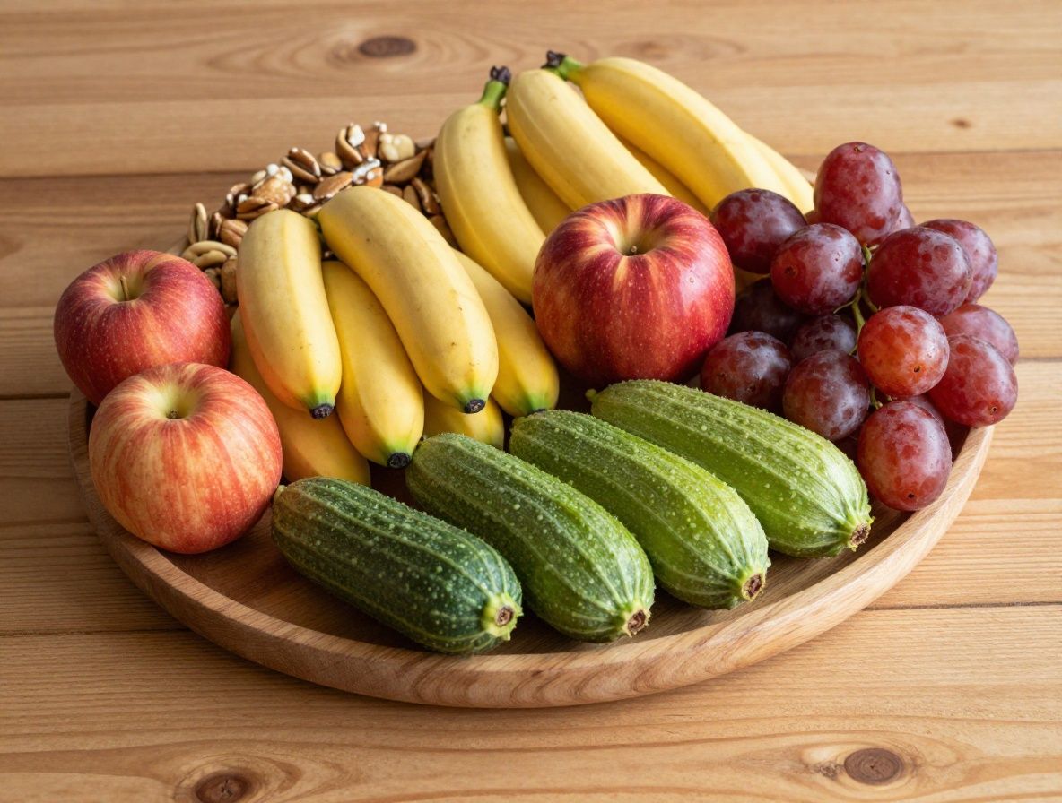 Variedad de frutas frescas coloridas, frutos secos y verduras de hoja verde sobre una superficie de madera rústica con luz natural cálida